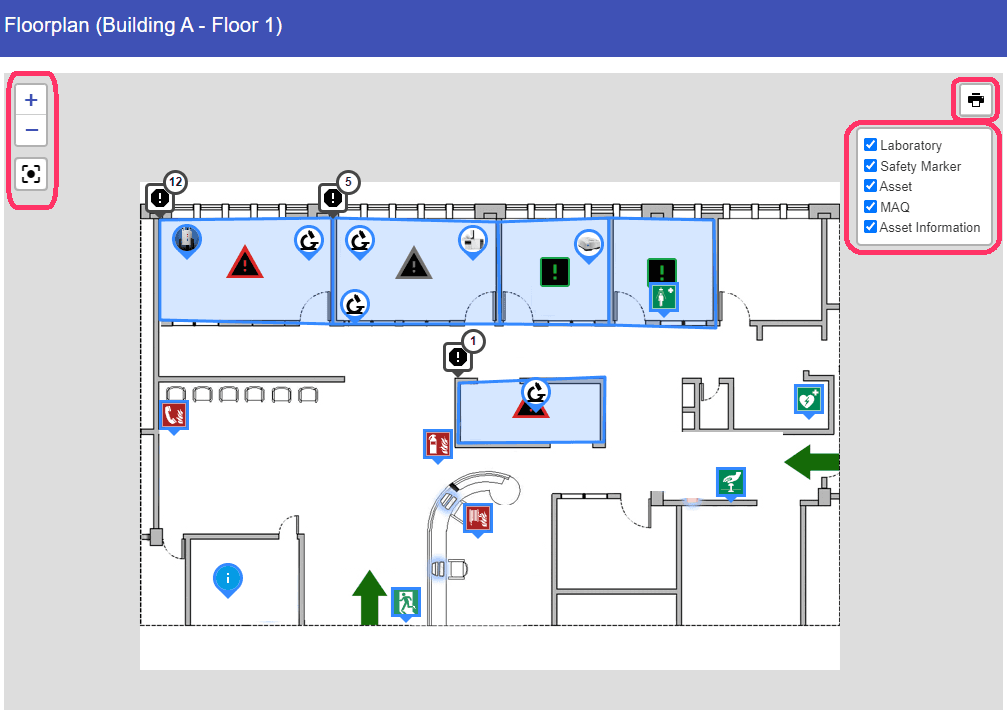 Labcup digital floor plan of Building A, Floor 1, showing laboratories with MAQ status markers, safety equipment such as fire extinguishers, first aid and emergency exits, and layer toggles for Laboratory, Safety Marker, Asset, MAQ and Asset Information